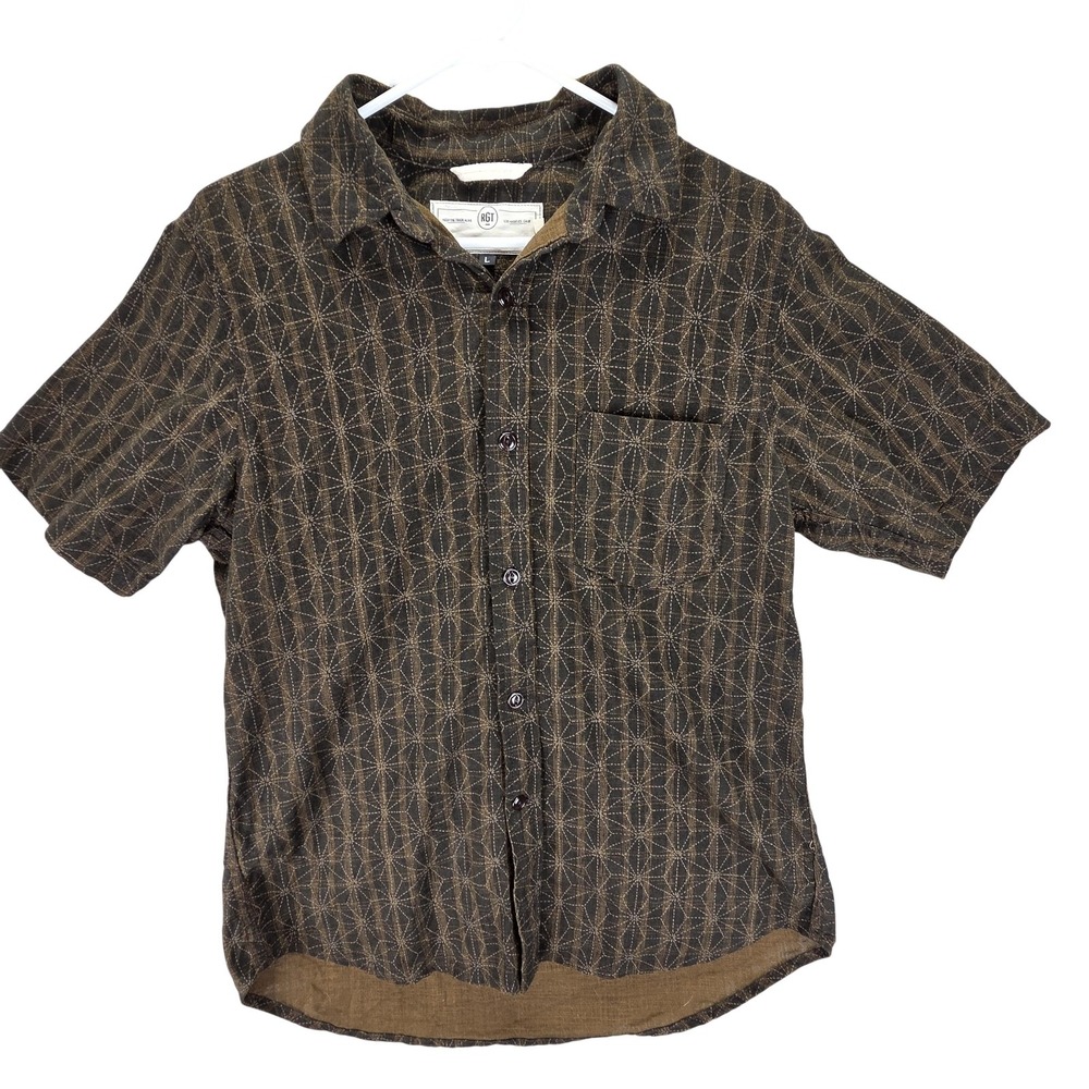 Rogue Territory Shirt Mens Large Brown Geometric Short Sleeve Button Cotton